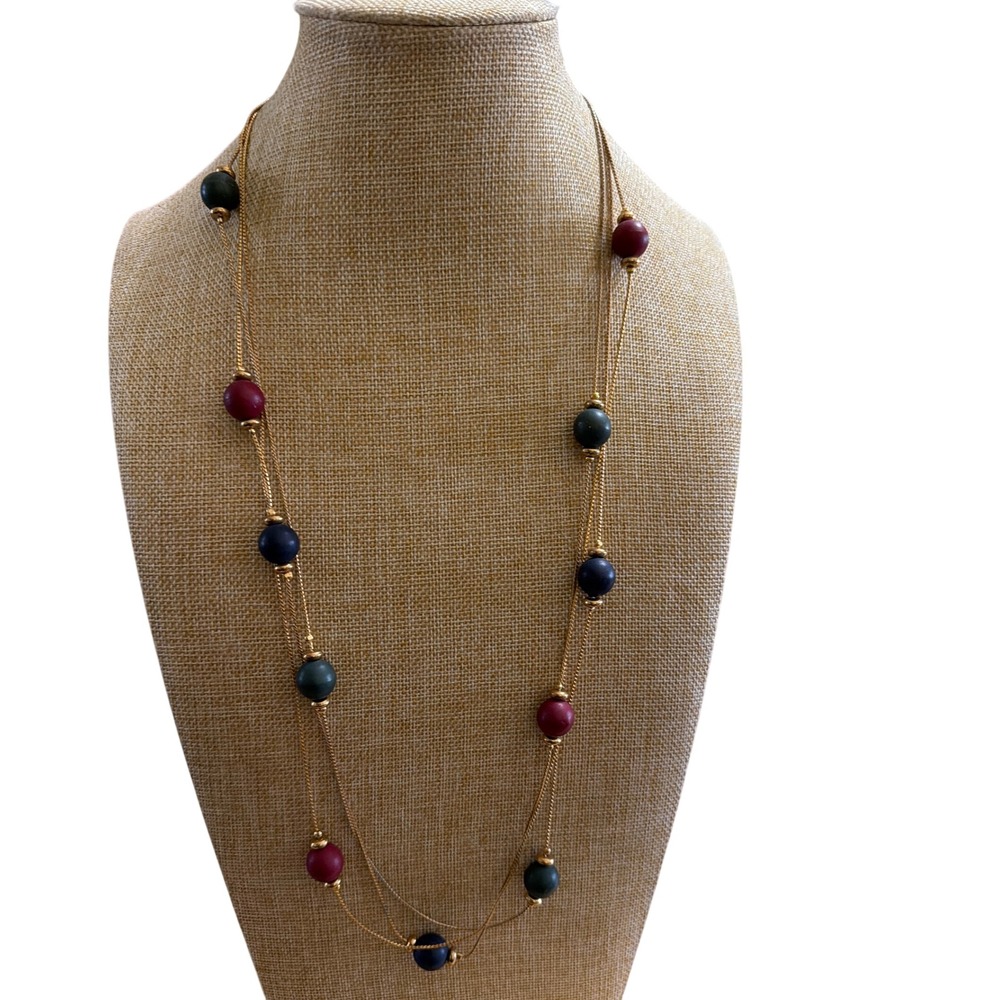 Vintage Gold Tone Multi Strand Station Necklace Matte Red Blue Green Beads Layer